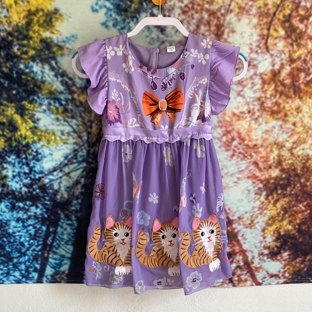 Charming Lavender Kids Dress with Cat Embroidery